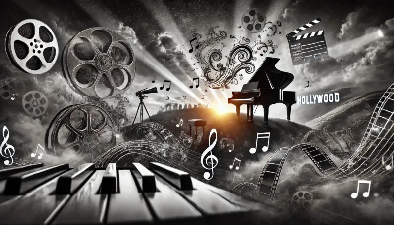 L'impact de la musique de film classique française sur le cinéma mondial, montrant des partitions et des scènes emblématiques.